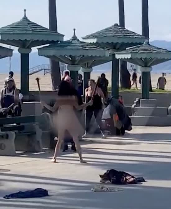 [IMG: Venice Beach face-off with blurred nakedness]